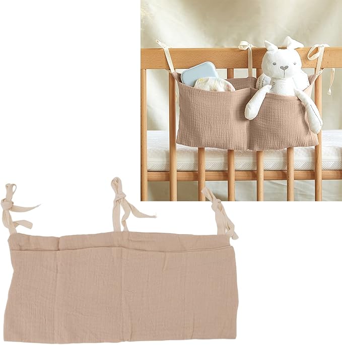 Diaper Caddy, Pure Cotton Cloth Baby Bedside Hanging Storage Bag Diaper Stacker Crib Organizer Hanging for Crib 2 Pockets Adjustable Strap Organizer for Baby Cribs and Toys (Khaki)