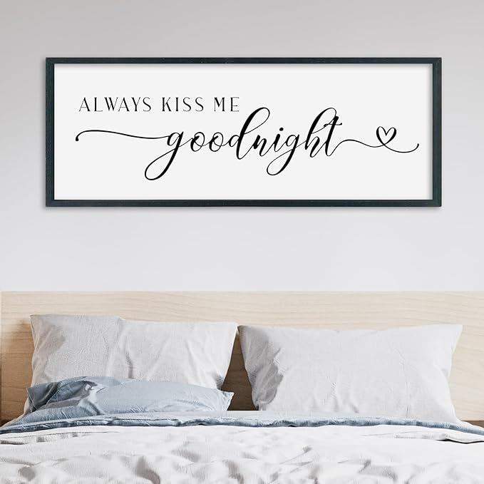 SRSZHIYUE Romantic Always Kiss Me Goodnight Sign Wall Decor 40"×15" for Love Theme Master Bedroom Above Bed Simple Modern Farmhouse Large Wood Framed Wall Horizontal Art Hanging (Black)