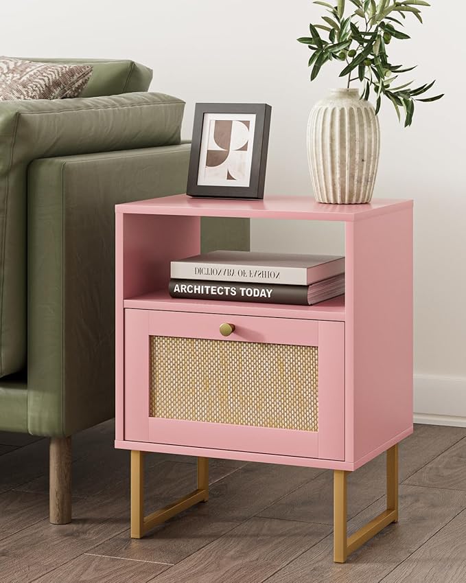 Masupu Rattan Nightstand,Modern Boho Farmhouse Wood Bedside Table with Storage Drawer and Open Shelf,Small Black Frame Side End Table for Bedroom,Living Room,Office (Pink)
