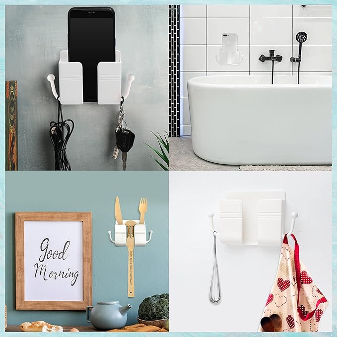 Jetec 6 Pcs Wall Mount Phone Holder Self-Adhesive Wall Beside Organizer Storage Box Plastic Charging Phone Stand Remote Brackets Holder for Bedroom(White)