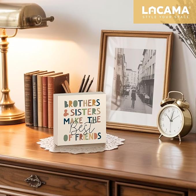 Lacama Kids Room Wooden Box Sign, Brothers and Sisters Make the Best of Friends Decorations Wood Block Signs, Boho Nursery Wood Sign for Kids Room Bedroom Playroom Desk Shelf Wall Decor 5x5 Inches