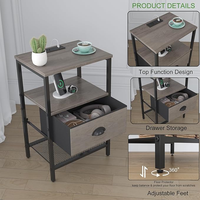Nightstands Set of 2, LED Night Stands with Charging Station and Fabric Drawer, Bedside Tables with Drawers, 2- Tier LED Side Table End Table Charging Station Livingroom Bedroom, Grey
