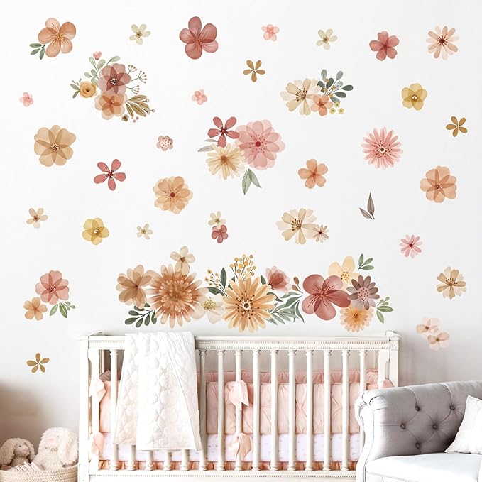 decalmile Boho Daisy Flower Wall Decals Bohemian Retro Watercolor Floral Wall Stickers Baby Nursery Girls Bedroom Living Room Wall Decor