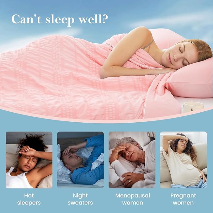 Cozy Bliss Seersucker Cooling Comforter Twin Size, Q-Max 0.45 Reversible Lightweight Cooling Blanket, Breathable Silk Smooth Summer Bedding Quilt for Hot Sleepers Night Sweats Pink