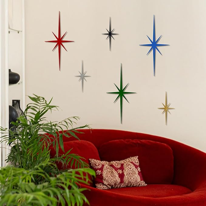 sxnzequnze 4 Pack Metal Star Wall Art 8 Pointed Starburst Wall Decor Set with 2 Large & 2 Small Pieces Mid Century Celestial Metal Wall Sculpture for Bedroom Living Room Office Gallery Wall