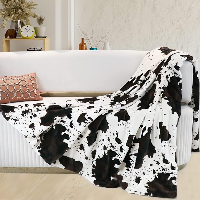 King Throw Blanket for Bed & Couch - Cow Print Blanket King Size, Extra Large Soft Cozy Fleece Throws, Lightweight Western Country Style Plush Bedding Decor for Bedroom, Living Room & Dorm 90" x 108"