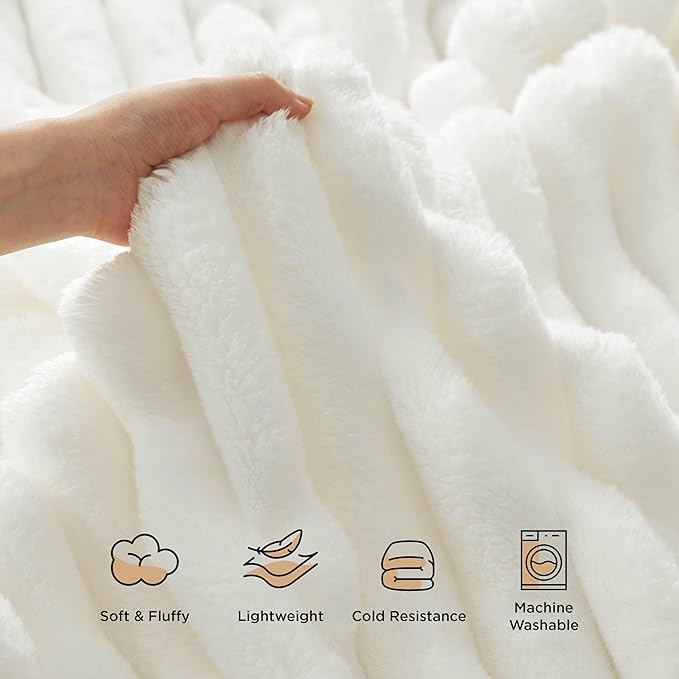 Bedsure King Size Blanket for Bed - 350GSM Super GentleSoft Fuzzy Fluffy Cozy Blankets for Women, Cute Large Plush Fleece Throws for Girls, White，108x90 Inches, Wider Striped Design