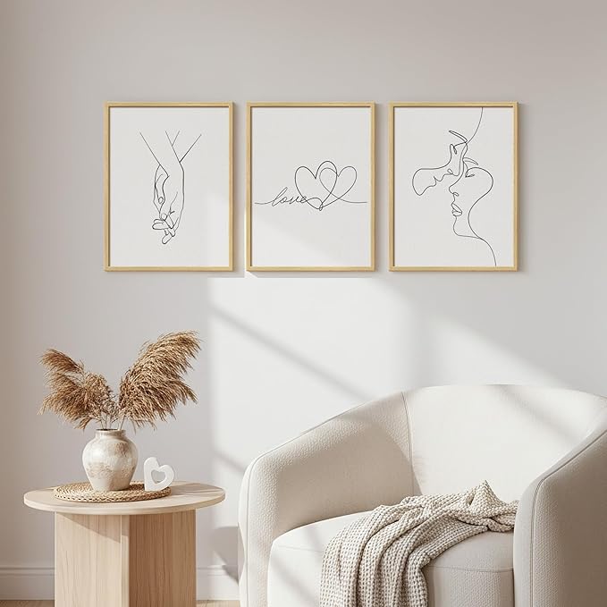 Framed Minimalist Line Love Bedroom Wall Art, 3 Piece Couple & Heart Prints Artwork for Walls, Modern Romantic Simple Black and White Painting Picture for Couple Bedroom Hallway Wall Decor, 12x16 Inch