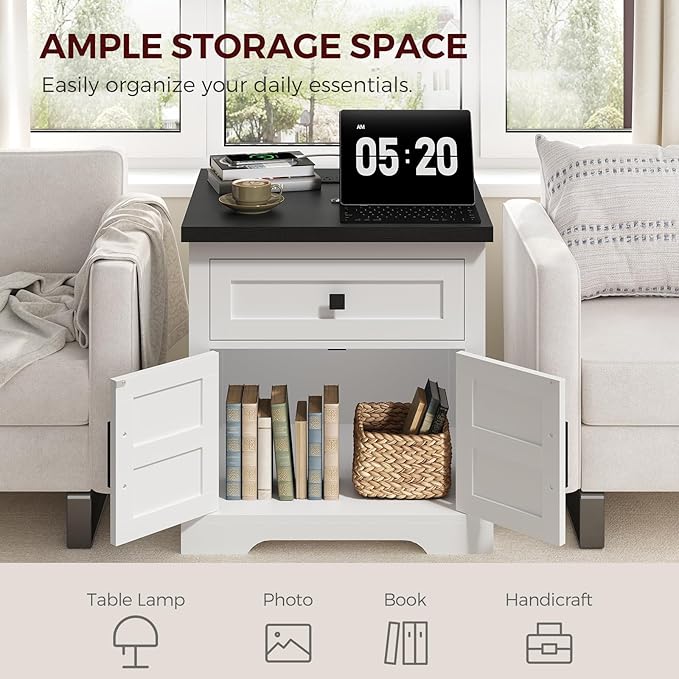 Farmhouse End Table with Charging Station, 23.6" Large End Tables Living Room, Sofa Side Table with Barn Door, Wooden Rectangular Nightstand Bedside Table with Drawer, Black ETBB157E01