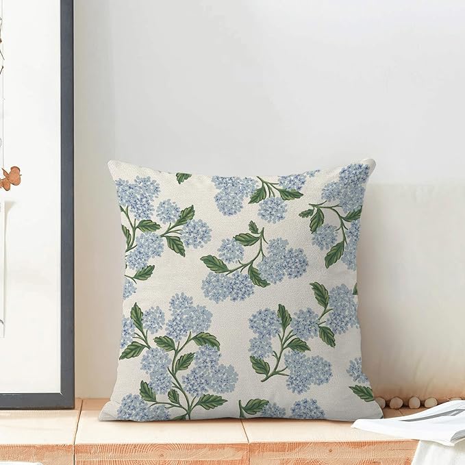 AEIOAE Spring Pillow Covers 16x16 Inch Set of 2, Green Blue Hydrangea Flower Throw Pillows Case,Floral Summer Outdoor Seasonal Decorative Farmhouse Decor Cushion Covers for Home Sofa Bed Couch