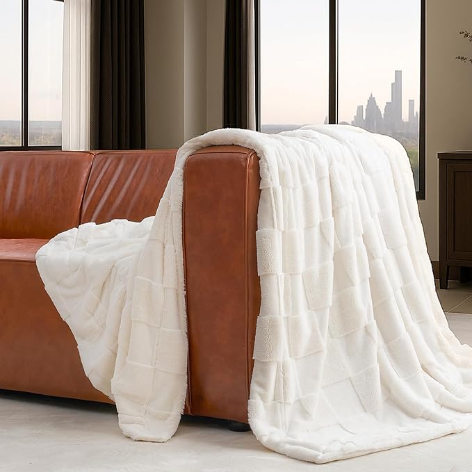 Cozy Bliss Checkered Faux Rabbit Fur Blanket Queen Size for Bed, Soft Fuzzy Blankets for Women Men, Large Furry Fleece Throw for Bedroom Decor (Ivory, 90'' x 90'')