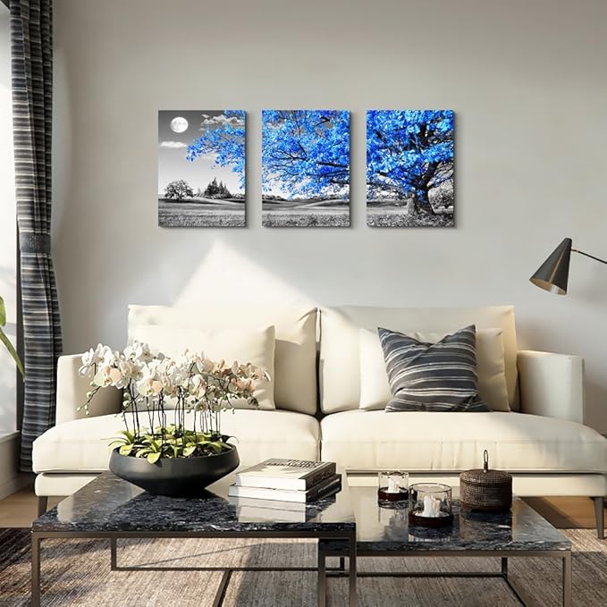 Wall Art For Living Room black and white Blue tree moon Canvas Wall Decor for Home artwork huge Painting 16" x 24" 3 Pieces Canvas Print For bedroom Decor Modern Salon kitchen office Hang a picture