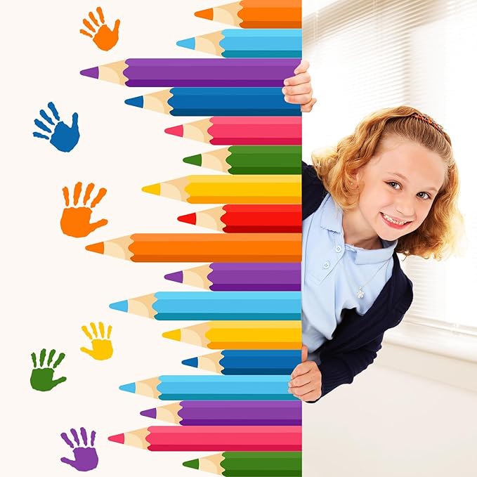 Colorful Pencils Wall Decals - 9 Sheets 47 Pcs Colored Handprint Pencil Wall Stickers Educational Peel and Stick Wall Decor for Back to School Classroom Playroom Living Room Nursery