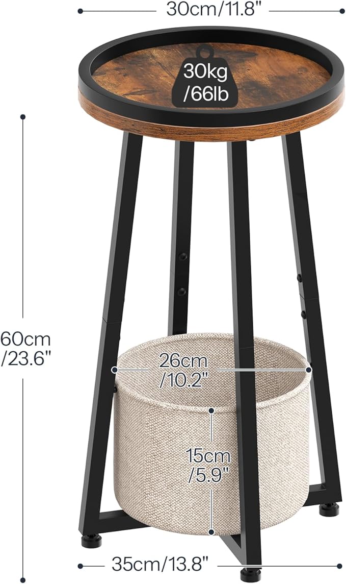 HOOBRO Small Round Side Table, 2-Tier Round Sofa End Table, Compact Nightstand with Cotton Linen Storage Basket, for Small Space, Living Room, Bedroom, Dorm, Rustic Brown BF183BZ01
