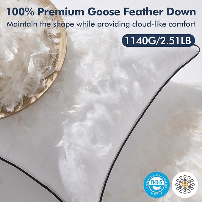 MIULEE Goose Feather Down 20x20 Pillow Insert Set of 2 with 100% Down-Proof Cotton Cover, Soft Fluffy Decorative Pillow for Sofa Bed Couch Living Room White