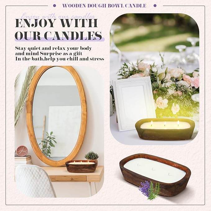 Threlaco 1 Pack 10 Inch Wood Dough Bowl Candles Home Rustic Dough Bowl Soy Candle 3 Wick Scented Candles Gifts for Men Women Farmhouse Table Centerpiece Home Decor for Christmas(Lavender)