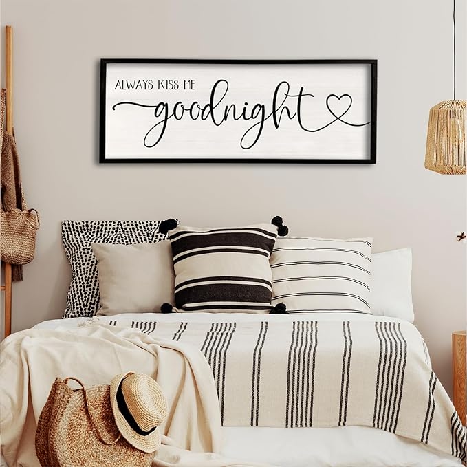 flowtorely Master Bedroom Above Bed Wall Decor 40''×15'' Always Kiss Me Goodnight Sign Rustic Farmhouse Couples Over Bed Romantic Modern Large Wood Frame Wall Hanging Prints Art (Black)