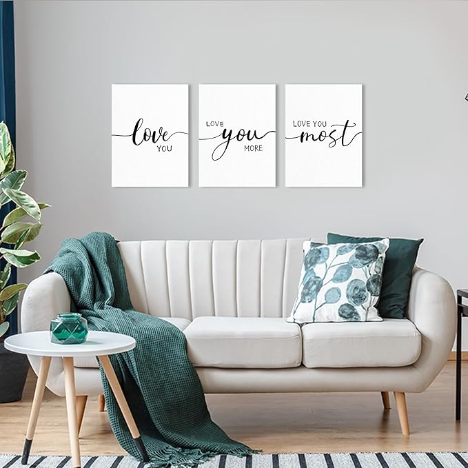 Love You More Wall Art: 3 Piece Romantic Minimalist Art Bedroom Decor Above Bed 12"x16", Farmhouse Love Quotes Signs for Couples, Modern Master Bedroom Decor