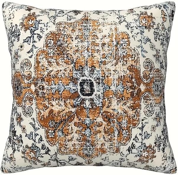 4pcs Orange Blue Ethnic Boho Pillow Covers, Vintage Rust Coral Floral Decorative Pillow Cases for Living Room Bedroom Bed Cushion Outdoor Home Decor, 18x18 Pillows Linen Pillowcase