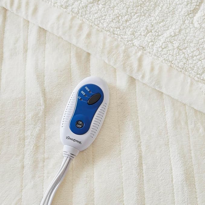 Beautyrest Heated Blanket, Electric Throw Blanket, Soft, Warm, Reversible Plush - Sherpa Heating Blanket Throw, 3 Heat Settings, 2 hr Auto Shut Off, Machine Washable, Oversized 60 in x 70 in, Ivory