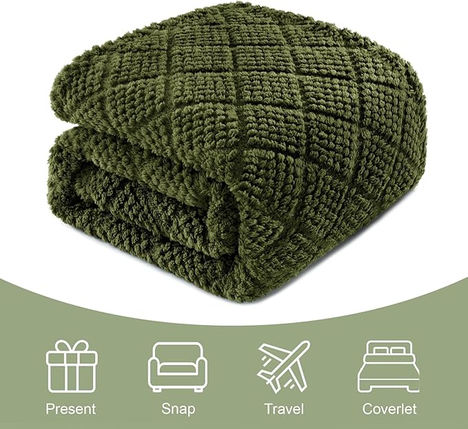 Whale Flotilla Fuzzy Fleece Throw Blanket for Couch, Bed, Soft Fluffy Jacquard Waffle Blankets for All Season, Lightweight and Warm, 50x60 Inch, Olive