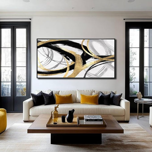 Abstract Wall Art Pictures for Living Room Gold Wall Decor Line Art for Bedroom Kitchen Home Office Decoration Framed Art 24"x48"