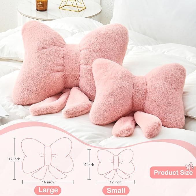 Ivory Bow Pillow,16'' Bow Decorative Pillows with Faux Rabbit Fur,Soft Bow Throw Pillows Aesthetic Bow Shaped Pillow for Bed Sofa Couch Home Decor