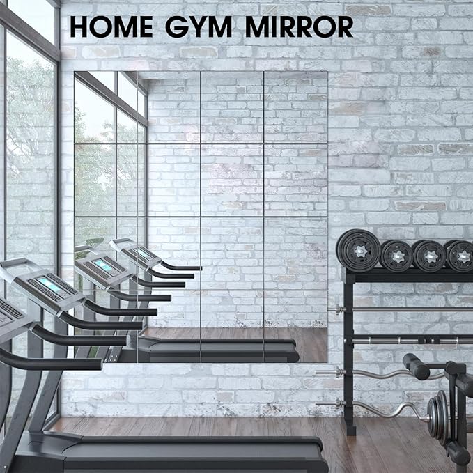 VASUHOME Glass Full Length Wall Mirror Tiles- 12x12 Inch- 8PCS Frameless Full Body Mirror for Home Gym, Bedroom, Living Room - Versatile Wall Mirror with Unrivaled Clarity
