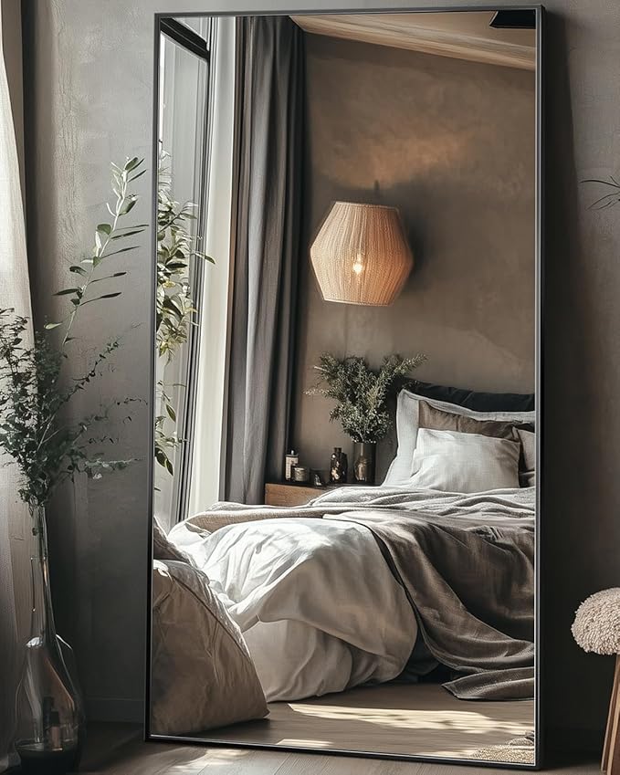 Antok Full Length Mirror, 46"x90" Floor Mirror with Stand, Hanging Mounted Mirrors for Bedroom, Living Room, Cloakroom, Dining Room, Black, Rect