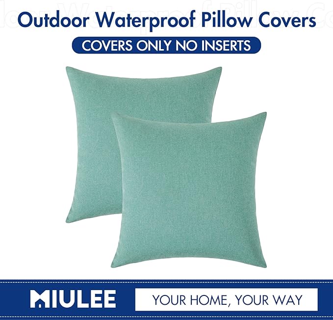 MIULEE Pack of 2 Decorative Outdoor Solid Waterproof Throw Pillow Covers Spring Faux Linen Garden Farmhouse Cushion Cases for Summer Patio Tent Balcony Couch Sofa 16x16 Inch Teal
