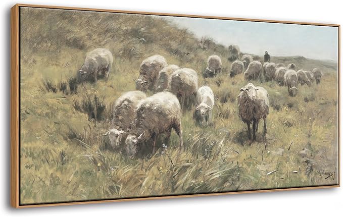 DJSYLIFE Farmhouse Framed Wall Art, Sheep on the Dunes Wall Picture, Vintage Sheep Oil Painting Canvas Print, Large Artwork for Living Room Bedroom Decor, Home Decorations 20x40 Inch