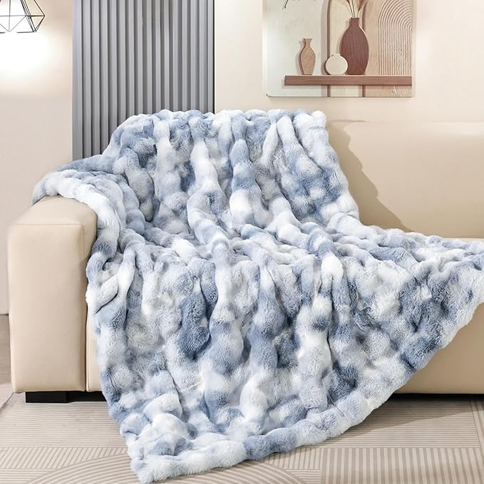 Latepis Faux Fur Fluffy Blanket for Couch, Super Soft Luxury Faux Fur Bubble Plush Thick Warm Cozy Fuzzy Twin Blanket for All Seasons, 60” x 80”, Tie-dye Blue, 860GSM