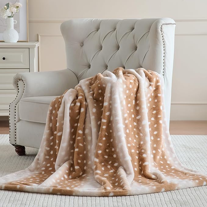 Krifey Faux Fur Blanket for Couch, Soft Bed Throw, Cozy Fuzzy Plush Thick Warm Blanket, Faux Rabbit Fleece, Christmas Birthday Gifts for Girls Women Mom Men, Dorm Room Decor, Deer Print, 50x60in