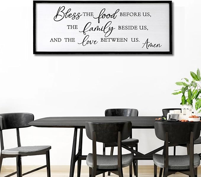 Foutcheou Bless The Food Before Us Wall Decor, 40"X15" The Love Between Us Sign Framed Farmhouse Kitchen Wall Decororation, Rustic Christian Bible Verse Wall Art for Dining Room