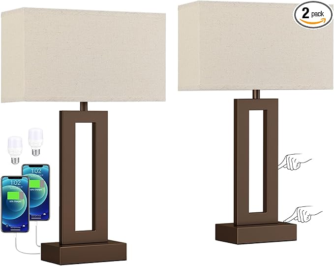 Seealle Bedroom Lamps for Night Stands - Touch Control, 3 Way Dimmable, USB C+A Charging, LED Bulbs, Easy Assembly(Yellow&Brown)