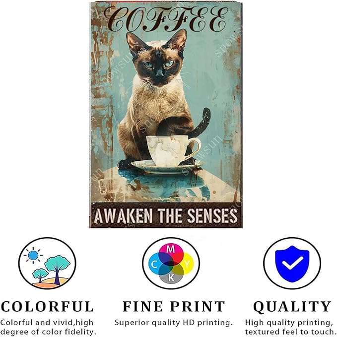 snowsun Funny Drink Coffee Cat Vintage Metal Tin Sign Aluminum Metal Signs Retro Metal Sign Bar Cafe Restaurant Room 8X12 Inches