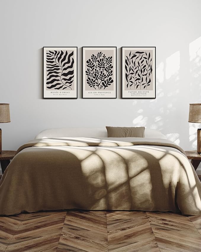 VIYYIEA Large Framed Canvas Wall Art, 3 Pcs, Living Room Modern Abstract Decor, Matisse Wall Art Bedroom Above Bed Decor, Minimalist Botanical Neutral Decorations, 16x24inch, Set of 3