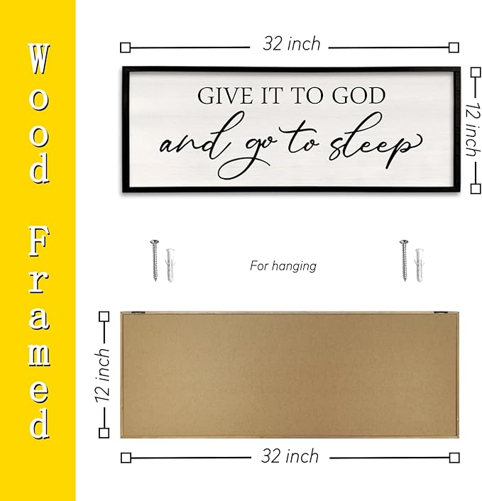 Give it to God and Go to Sleep Sign Wall Decor Wood Frame 32" X 12" Master Bedroom Above Bed Large Minimalistic Rustic Farmhouse Hanging Over Bed Wall Art Guest Room Decoration (Black)