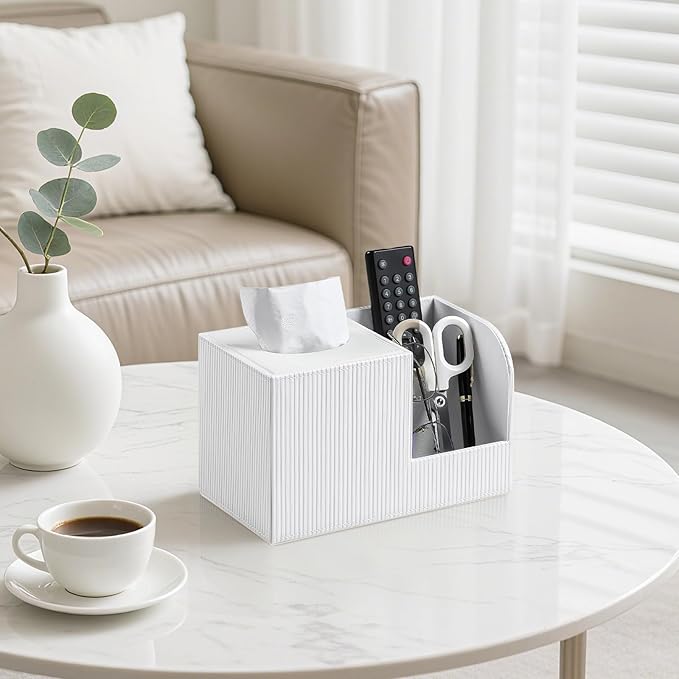 Square Tissue Box Cover with 2 Compartments Storage Organizer, PU Leather Tissue Box Holder with Remote Control Holder for Livingroom Nightstand, Multifunctional Cube Tissue Holder (White)