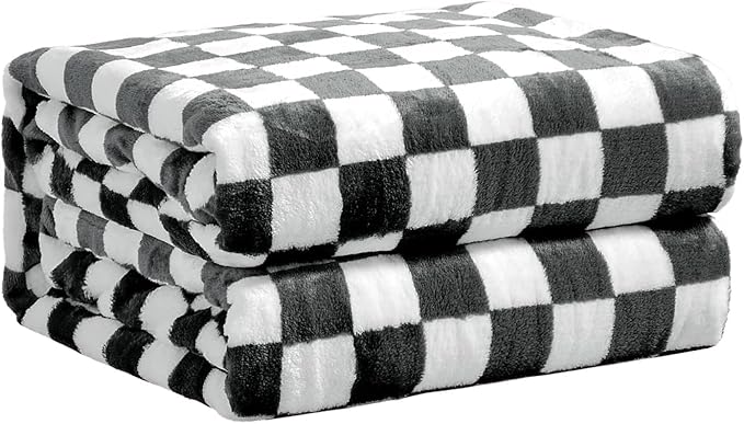 FY FIBER HOUSE Checkered Flannel Fleece Throw Blanket Soft Cozy Checkerboard Grid Print Chessboard Gingham Pattern Blankets for Bed Couch Sofa, 60"x80", Black
