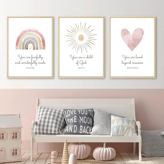 Boho Nursery Wall Art 3 Pieces Bible Verse Nursery Art Christian Girls Nursery Wall Art Heart Rainbow Sun Nursery Art Print Boho Sunshine Nursery Decor for Girl Baby Kid Room Decor 16x24 Inch FRAMED