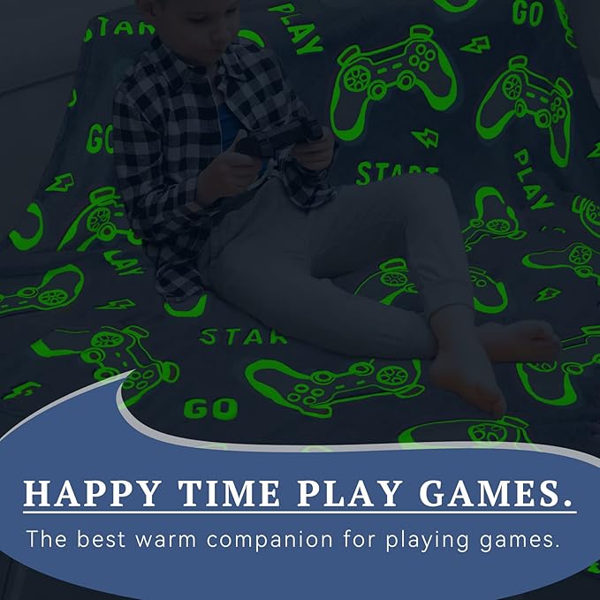 obinsm Easter Gifts for Boys & Teens, Gamer Throw Blanket, Video Game Blanket, Game Controller Blanket, Birthday & Easter Gifts, Luminous Glow in The Dark, Gaming Room Decor