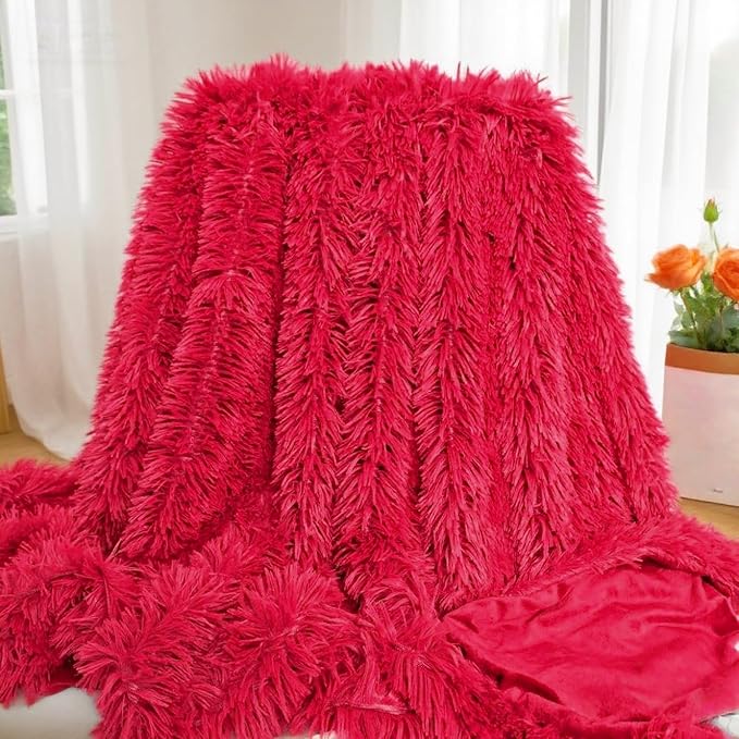 Plush Super Soft Blanket Bedding Sofa Cover Furry Fuzzy Fur Warm Throw Qulit Cozy Couch Blanket for Winter (51x63 Inches,Throw, Pure Red)