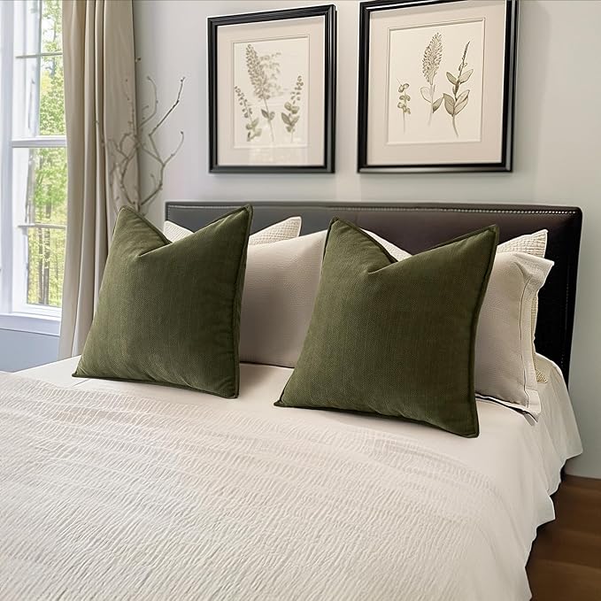 MIULEE Pack of 2 Olive Green Decorative Pillow Covers 22x22 Inch Soft Chenille Luxurious Couch Throw Pillows Boho Cushion Covers Euro Shams with Elegant Design for Sofa Bed Living Room Home Decor