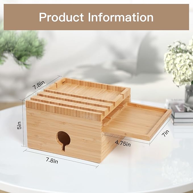 Bamboo Charging Station for Multiple Devices, Nightstand Docking Station with Small Tray -Included 5 Cables, Desktop Wood Charger Organizer, Compatible with Cell Phone, Tablet, Earphones