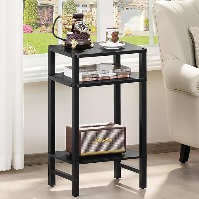 Side Table End Table Tall Night Stand 3-Tier 2 Pack for Living Room Bedroom Bathroom Office Furniture Black