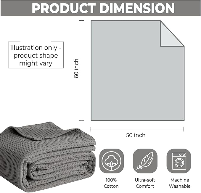 100% Cotton Blankets for Bed - Waffle Weave Blankets for Summer, Lightweight and Breathable Soft Woven Blanket for Spring (Dark Grey, Throw (50" x 60"))