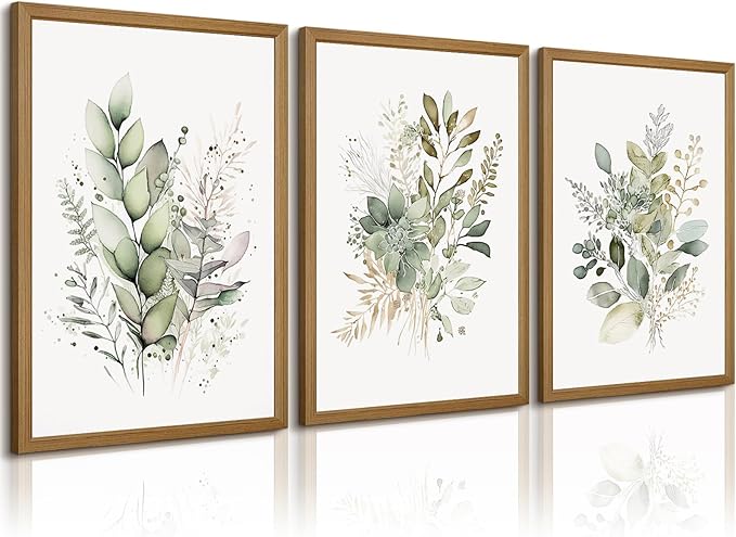 Joocrise Wooden Frame Watercolor Botanical Wall Art Boho Floral Canvas Wall Decor Prints Sage Green Wildflower Wall Art Modern Flower Pictures Botanical Painting for Bedroom Bathroom 16x24x3 Inch