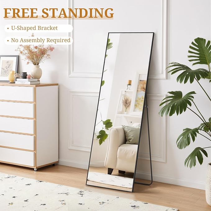 Full Length Mirror 56"x15" Full Body Mirror Rectangle Free Standing Wall Mounted Leaning Floor Mirrors with Stand Aluminum Alloy Frame for Bedroom Cloakroom, Black
