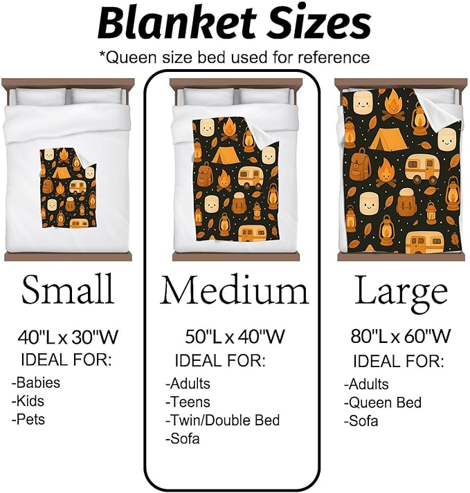 Camping Blanket Cute Cartoon Campfire Tent Marshmallow Lantern and Camper Pattern Throw Blankets Lightweight Flannel Throws for Couch Chair Office Bed Home Decor Gifts for Adults,60x50inch